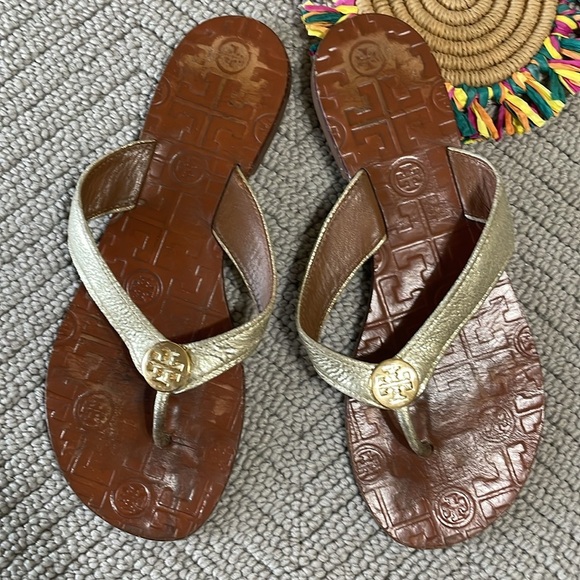 Tory Burch Metallic Gold and Brown Flip-Flops - Picture 1 of 5